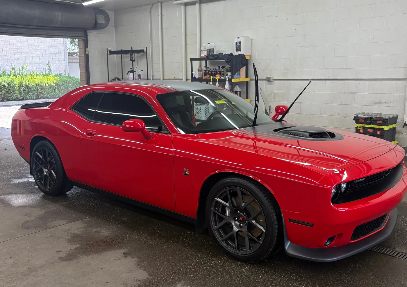 Red Dodge Challenger after exterior detailing in Delaware Ohio