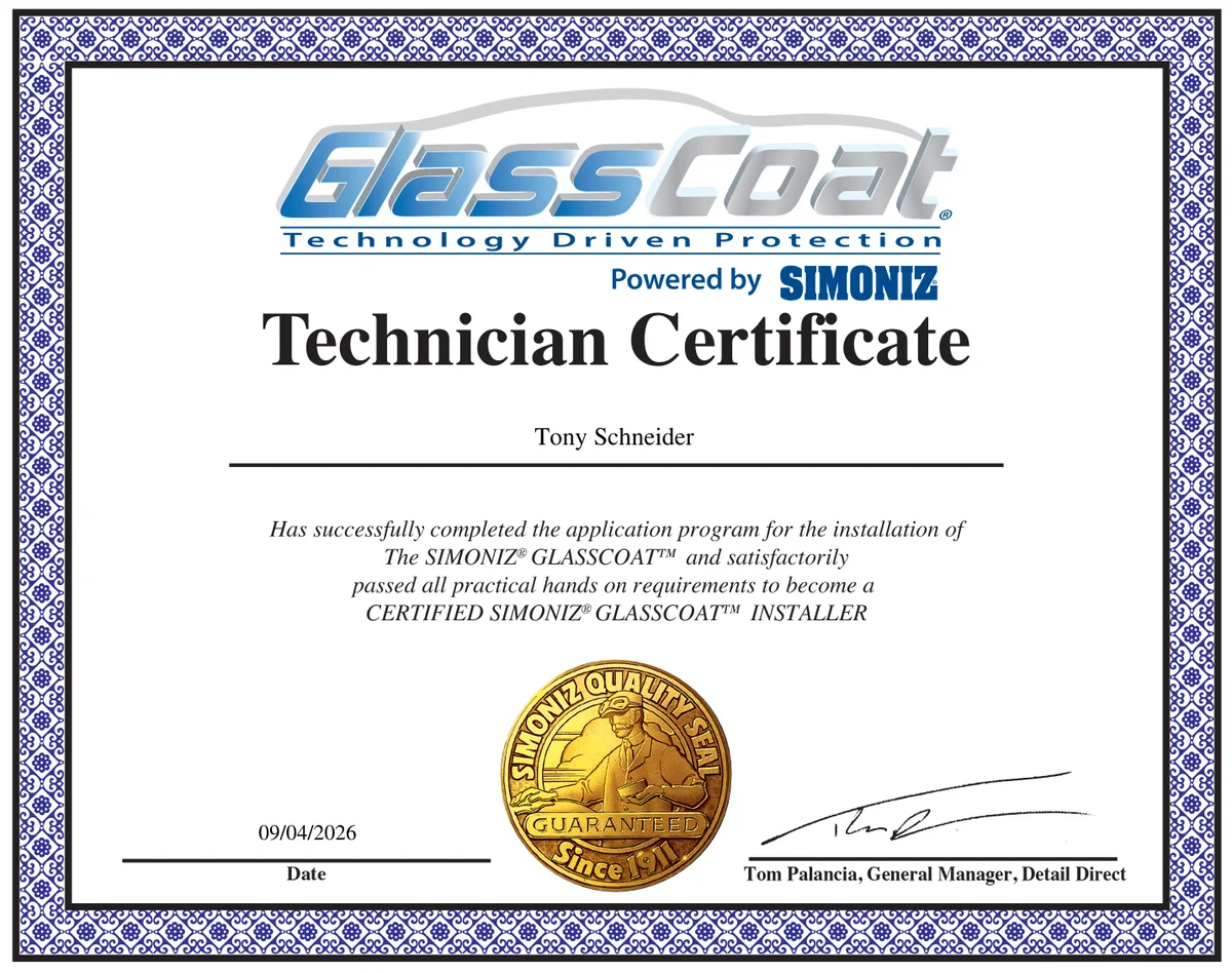 GlassCoat technician certificate for Tony Schneider