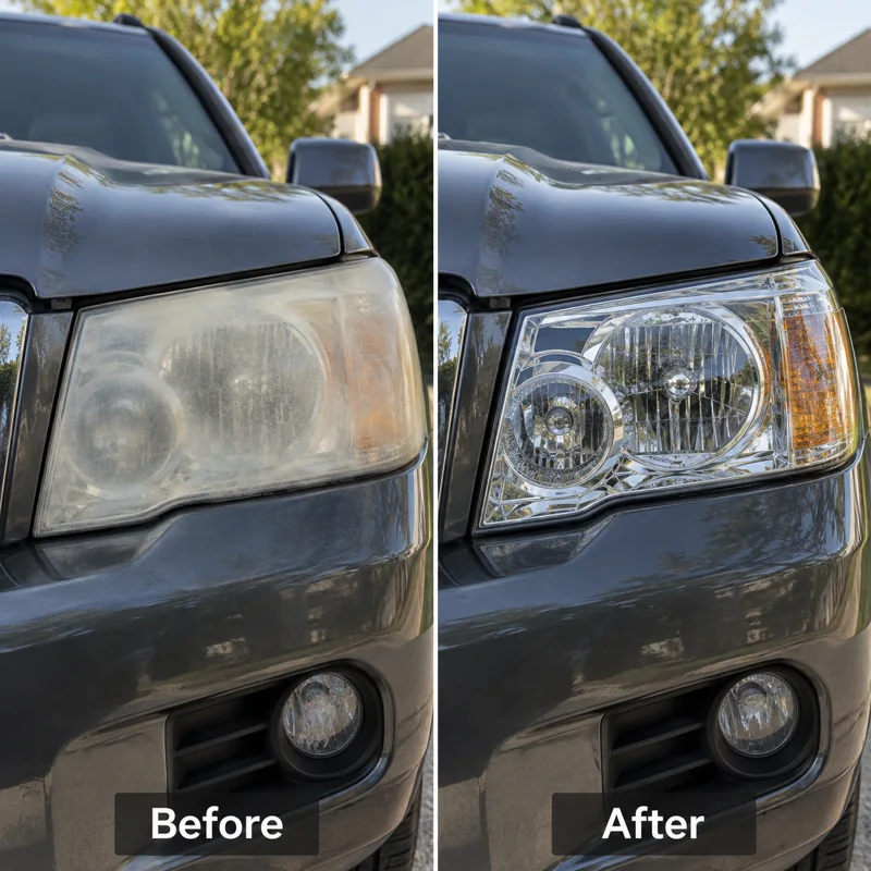Example of restored headlight clarity before and after service | Touch It Up Automotive