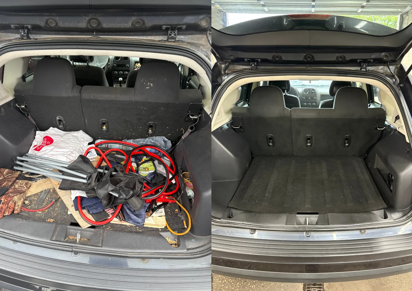 Interior detailing before and after — cluttered, debris-filled SUV cargo area fully cleared and vacuumed clean — Lewis Center, Ohio | Touch It Up Automotive