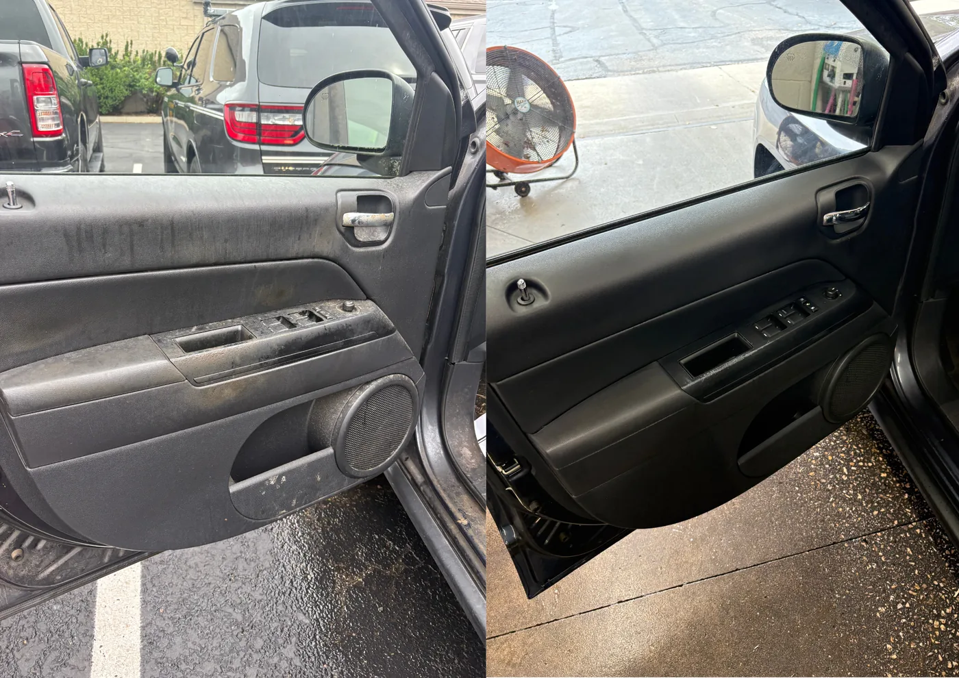 Interior detailing before and after — heavily soiled Jeep door panel and armrest deep cleaned to a clean matte finish — Lewis Center, Ohio | Touch It Up Automotive