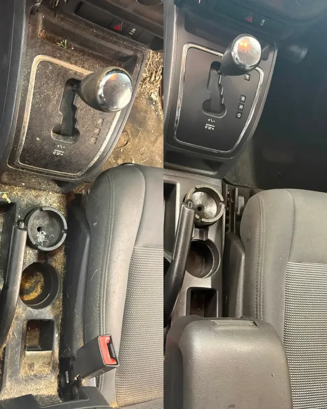 Before-and-after center console cleanup during an interior service