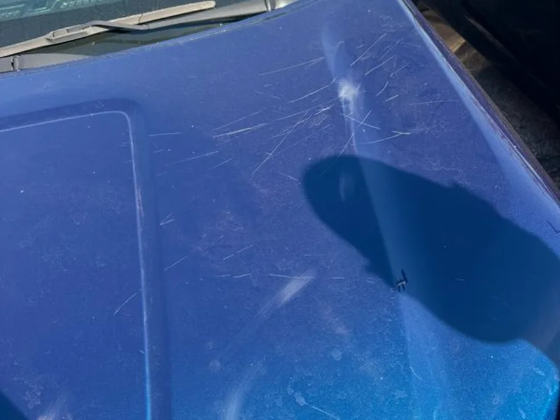 3-Step machine polish before — scratched blue hood — Dublin, Ohio | Touch It Up Automotive