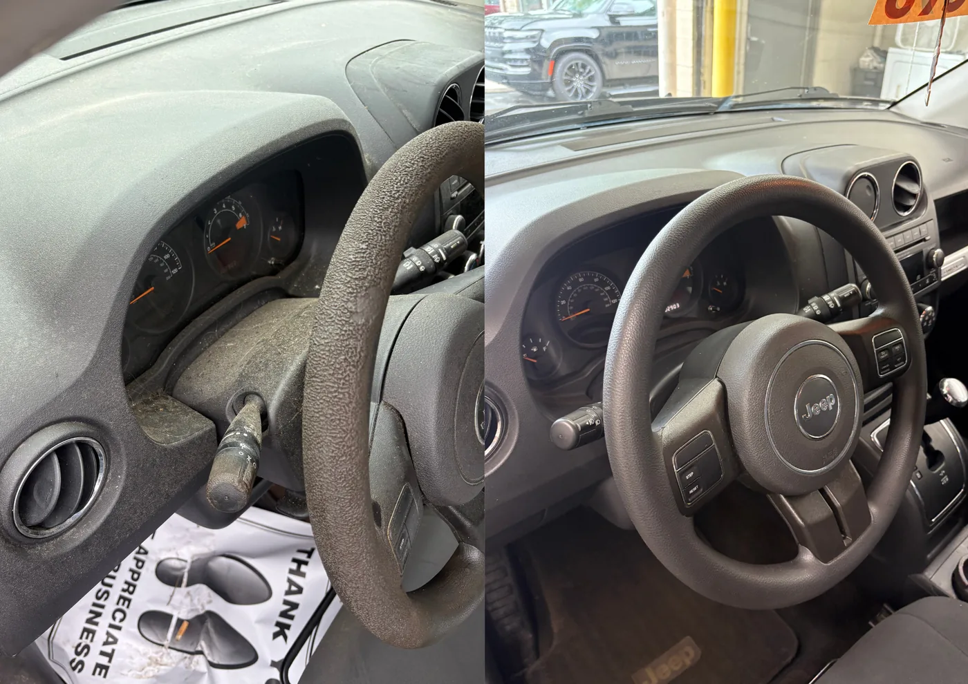 Mobile interior detailing before and after — dust-caked Jeep dashboard, gauges and steering wheel restored to clean factory finish — Lewis Center, Ohio | Touch It Up Automotive